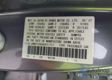 2008 Honda Accord 2.4 Lx-P из США, поврежденный, VIN JHMCP26488C017717